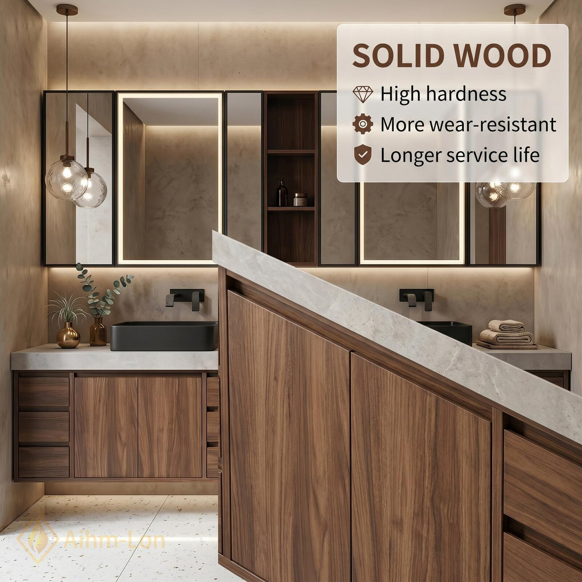 60''-96'' Double Bathroom Vanity with Sink Floating Dark Walnut Spacious Open Shelving