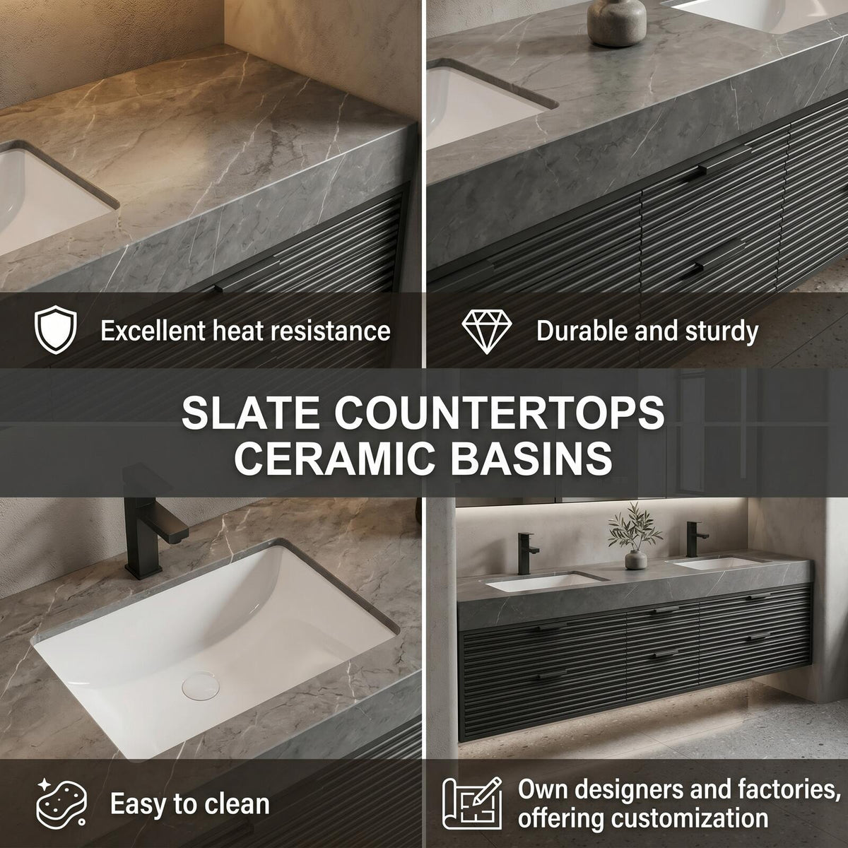 60''-96'' Double Bathroom Vanity with Sink Modern Floating Charcoal Stone Slatted Drawer