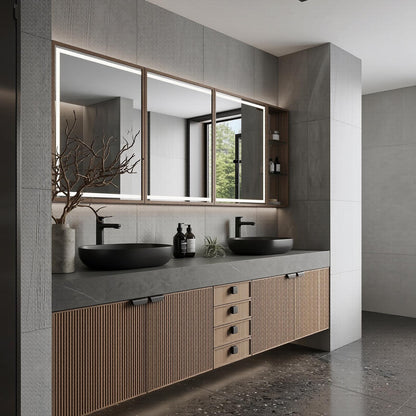 60''-96'' Double Bathroom Vanity with Sink Modern Floating Dark Stone Top Ribbed Doors