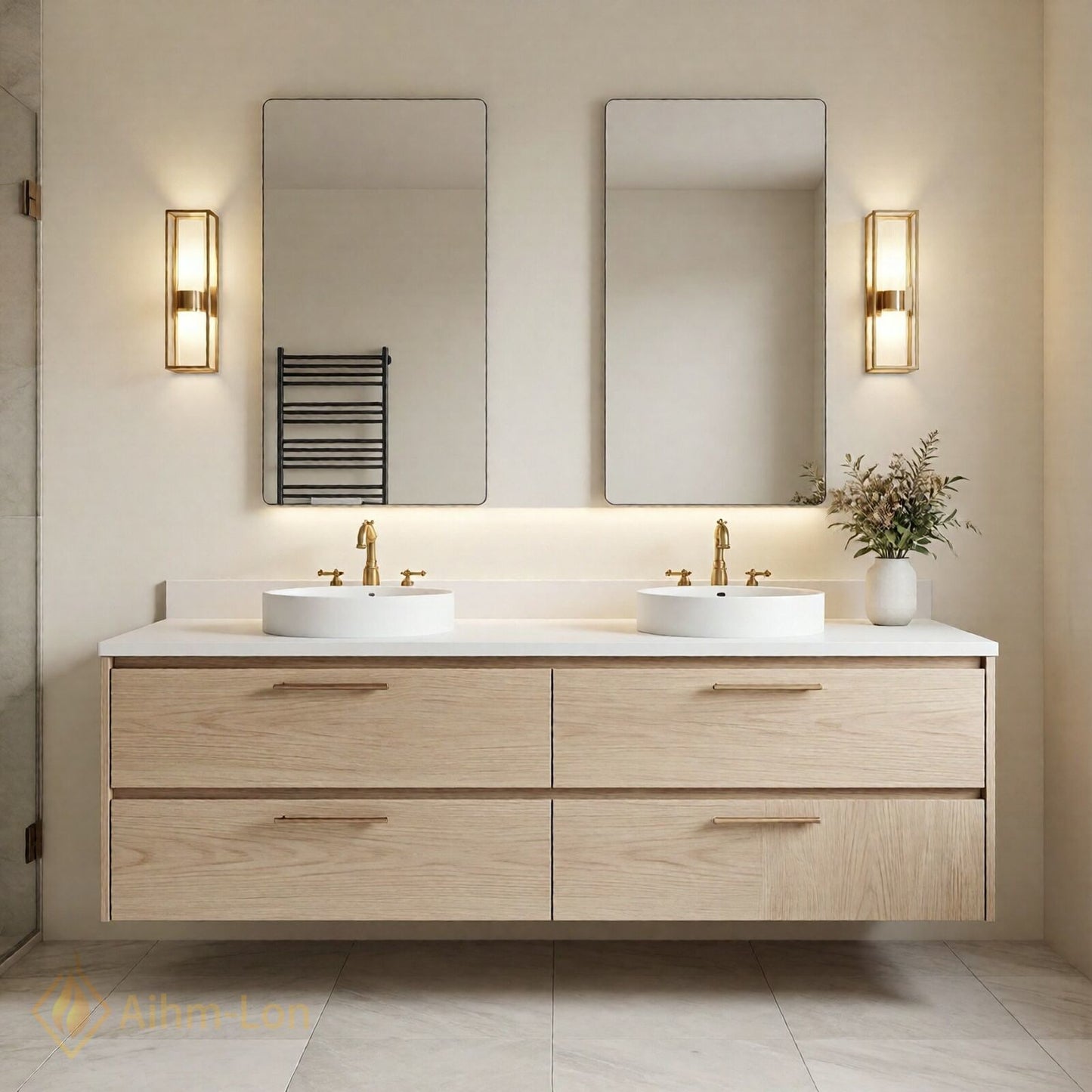 60''-96'' Modern Bathroom Vanity with Sink Floating Light Oak Finish Four Drawers