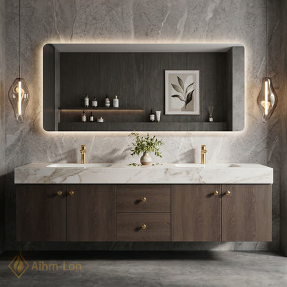 60''-96'' Double Bathroom Vanity with Sink Dark Wood Grain Dual Drawer Storage