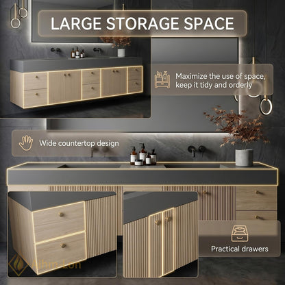 70''-96'' Double Bathroom Vanity with Sink Warm-Oak Modern Floating Slatted-Panel