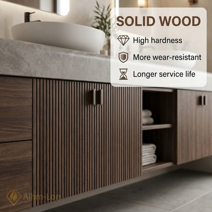 60''-96'' Double Bathroom Vanity with Sink Grey Stone Vertical Slatted Doors Shelving