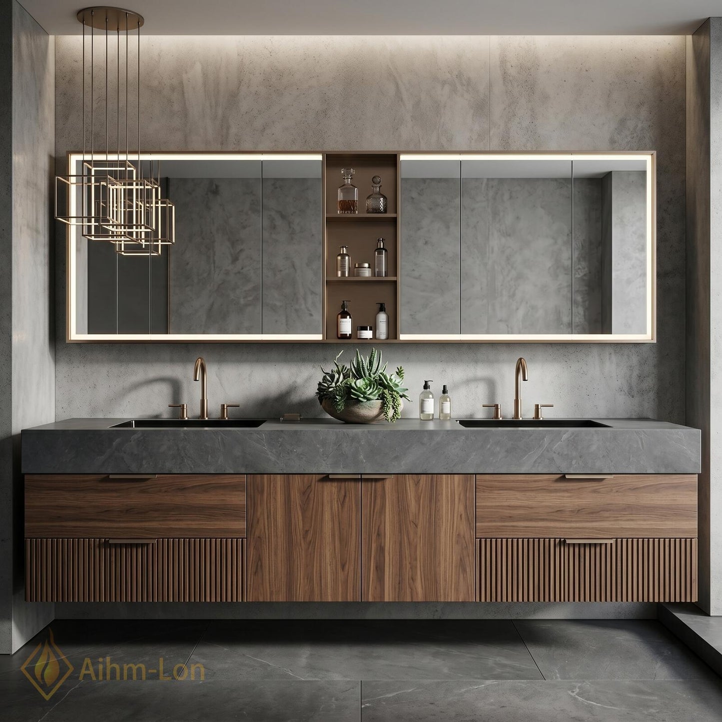 60''-96'' Double Bathroom Vanity with Sink Dark-Walnut Floating Basin Slatted-Panel