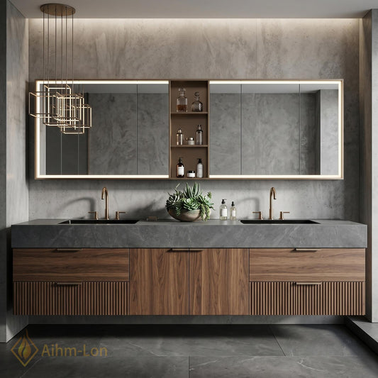 60''-96'' Double Bathroom Vanity with Sink Dark-Walnut Floating Basin Slatted-Panel