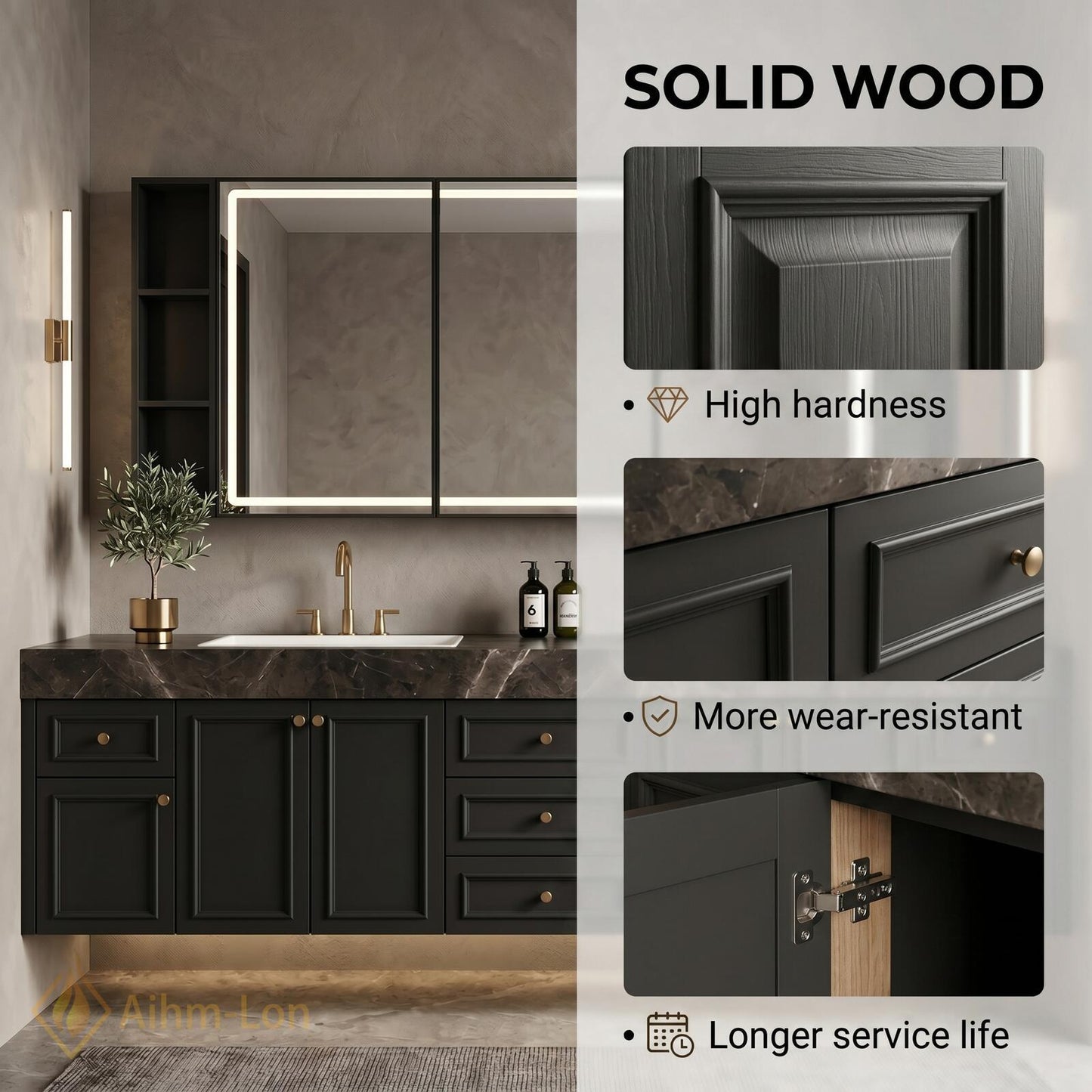 78''-96'' Double Bathroom Vanity with Sink Floating Dark Marble Top Brass Hardware