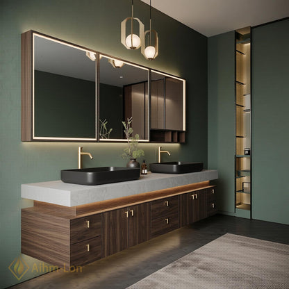 72''-96'' Double Bathroom Vanity with Sink Dark-Wood Floating Stone Countertop Elegant