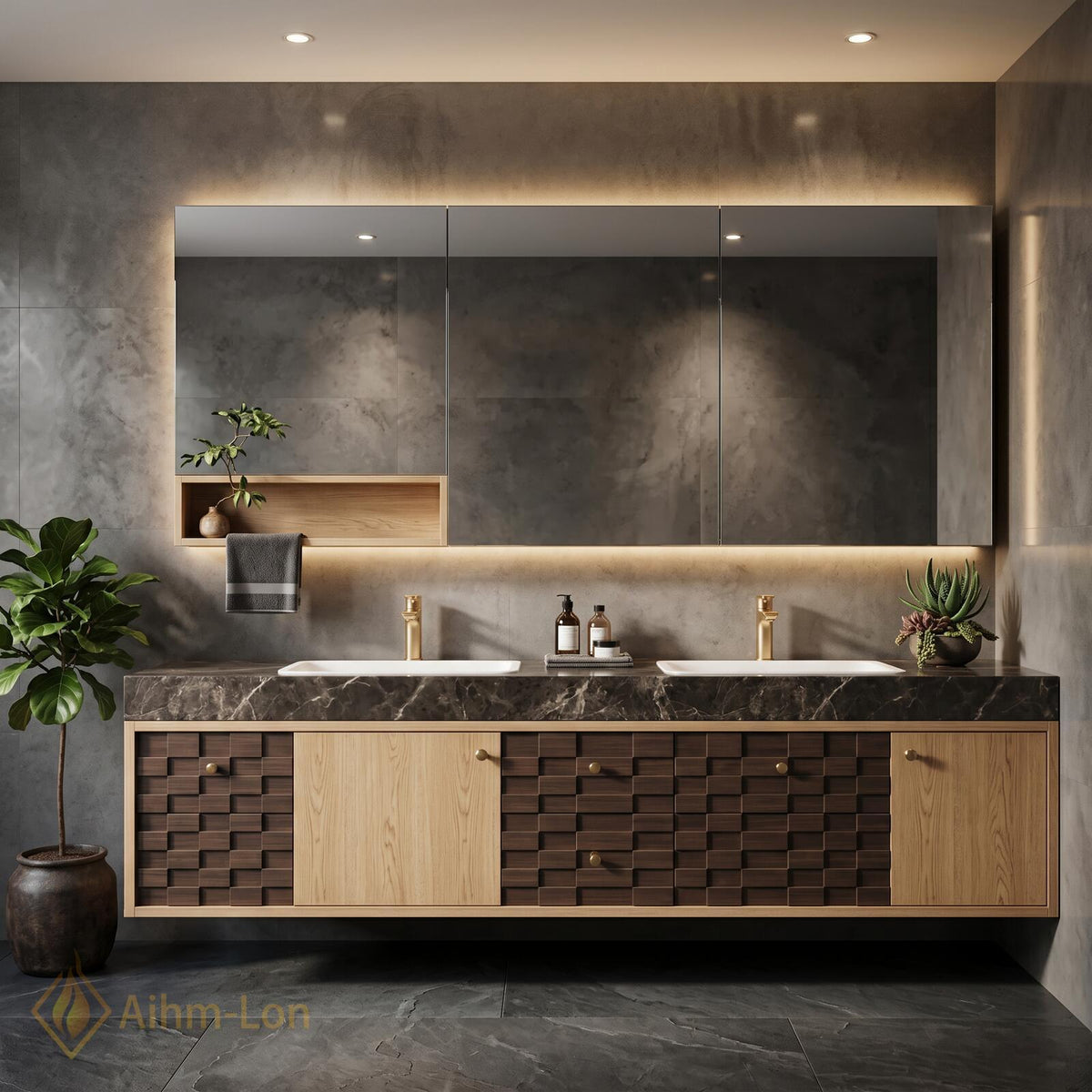 60''-96'' Double Bathroom Vanity with Sink Floating Dark Stone Geometric Drawer Fronts