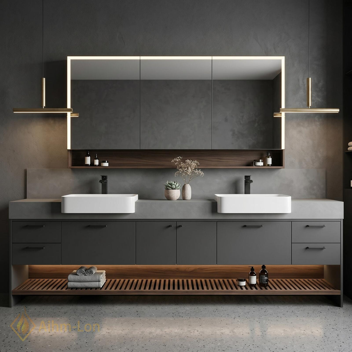 60''-96'' Double Bathroom Vanity with Sink Modern Floating Basin Dark Gray Matte