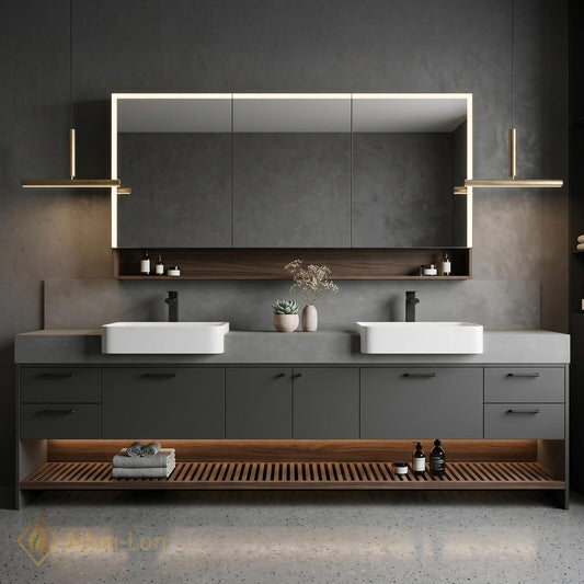 60''-96'' Double Bathroom Vanity with Sink Modern Floating Basin Dark Gray Matte