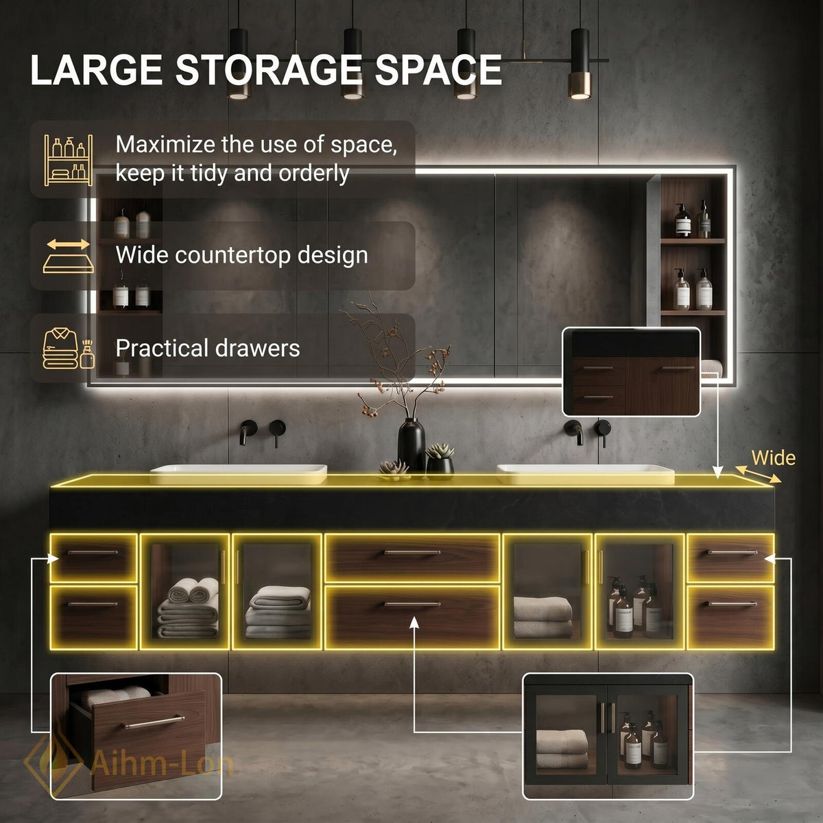60''-96'' Double Bathroom Vanity with Sink Floating Dark Stone Countertop Wood Grain