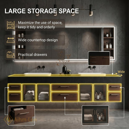 60''-96'' Double Bathroom Vanity with Sink Floating Dark Stone Countertop Wood Grain