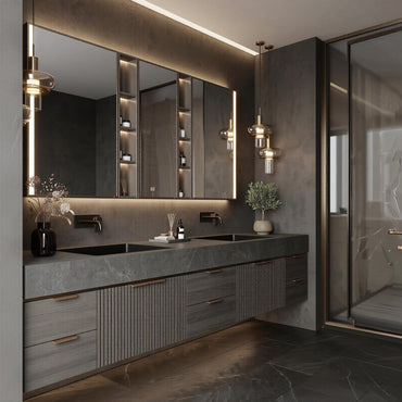 60''-96'' Double Bathroom Vanity with Sink Modern Floating Charcoal Gray Stone Slatted Front