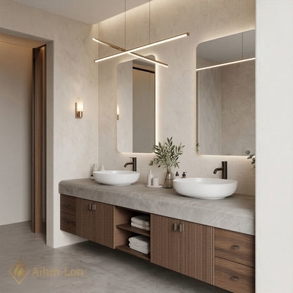60''-96'' Double Bathroom Vanity with Sink Grey Stone Vertical Slatted Doors Shelving