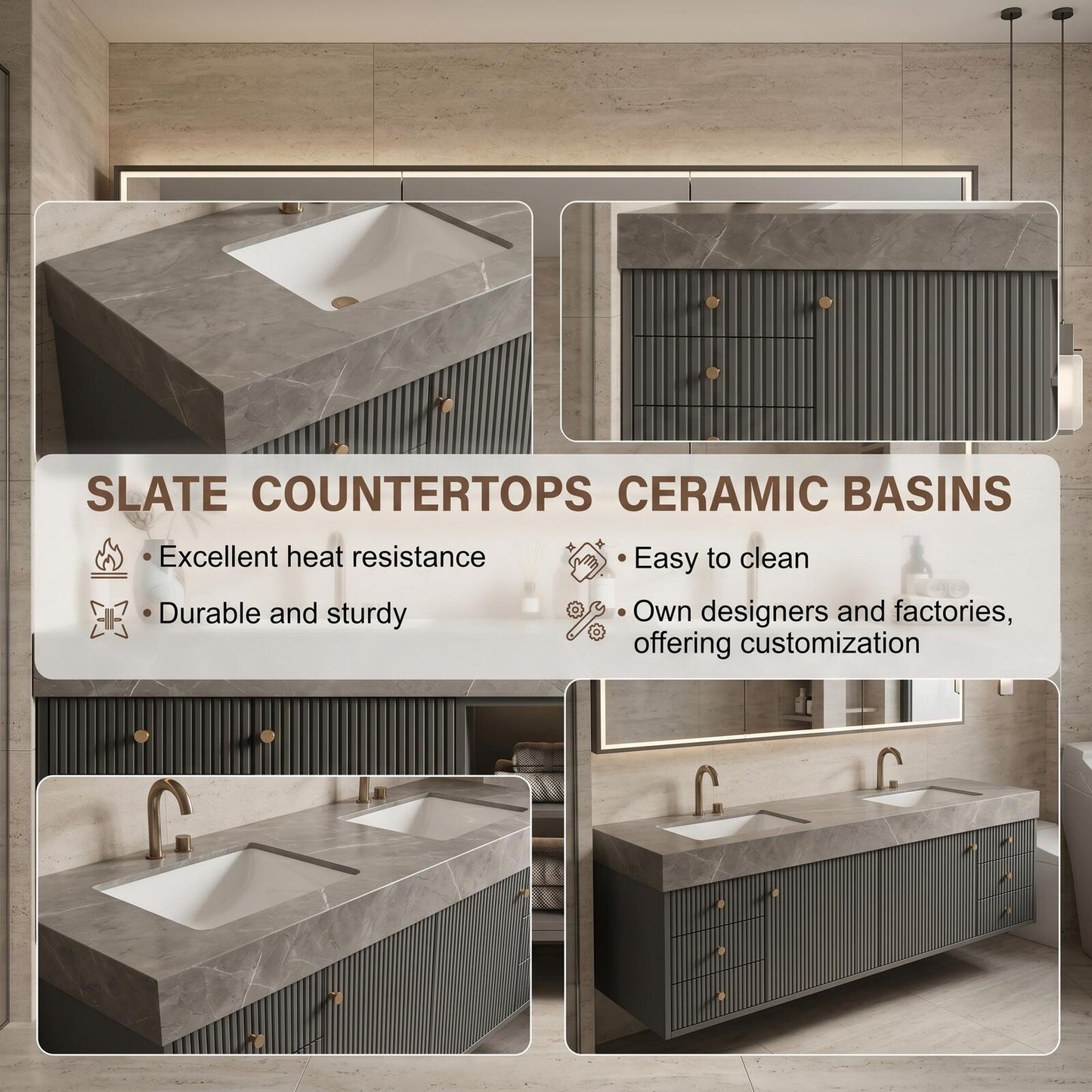 60''-96'' Modern Bathroom Vanity with Sink Double Sink Slatted Front Stone-Look Center Cabinet