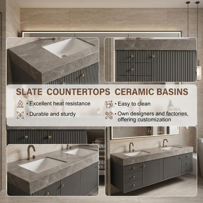 60''-96'' Modern Bathroom Vanity with Sink Double Sink Slatted Front Stone-Look Center Cabinet