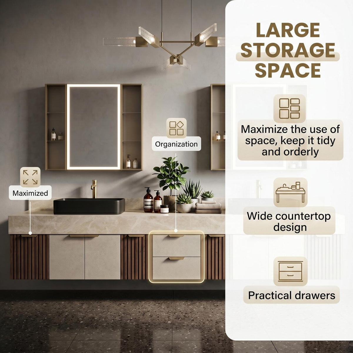60''-96'' Double Bathroom Vanity with Sink Contemporary Floating Stone Top Open Shelving
