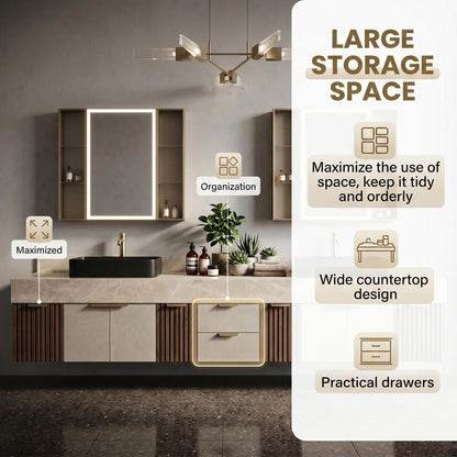 60''-96'' Double Bathroom Vanity with Sink Contemporary Floating Stone Top Open Shelving