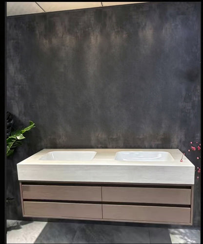 60“Solid wood bathroom vanity with seamless ceramic double basins and pre-drilled faucet holes.