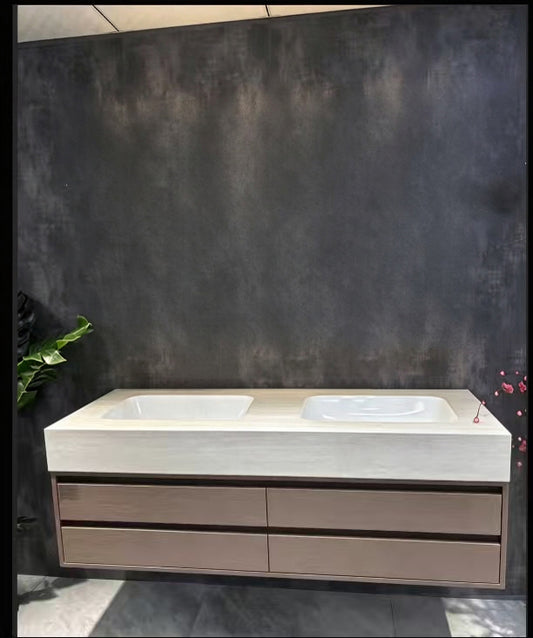 60“Solid wood bathroom vanity with seamless ceramic double basins and pre-drilled faucet holes.