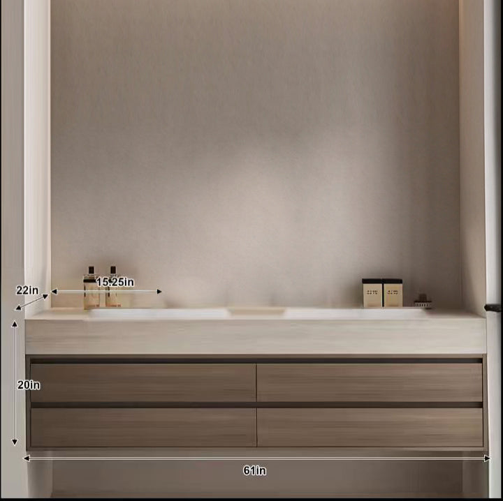60“Solid wood bathroom vanity with seamless ceramic double basins and pre-drilled faucet holes.