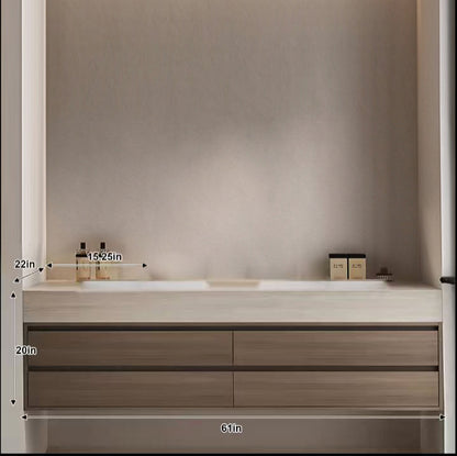 60“Solid wood bathroom vanity with seamless ceramic double basins and pre-drilled faucet holes.