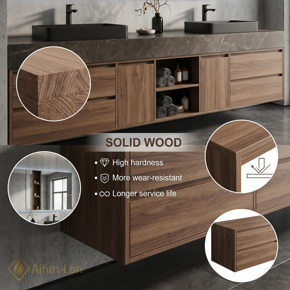 76''-96'' Bathroom Vanity with Sink Floating Double Warm Wood Finish Open Shelving