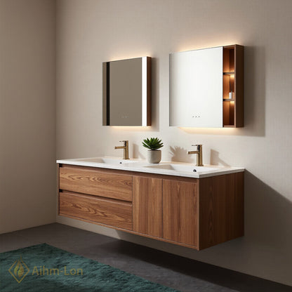60''-96'' Double Bathroom Vanity with Sink Floating Wood Grain Marble Top Mirror Drawers