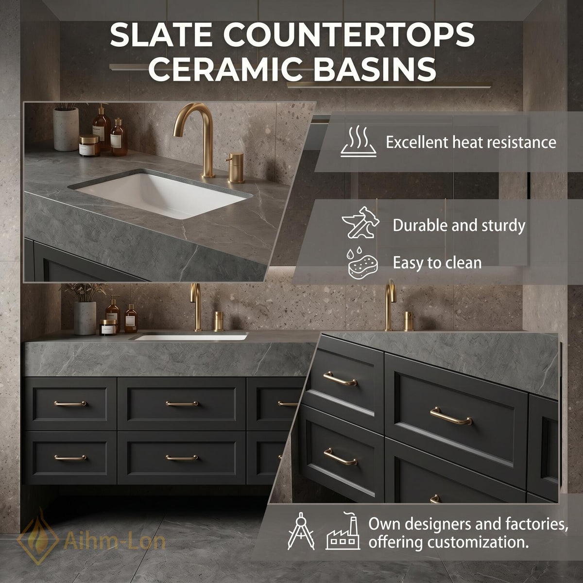 60''-96'' Double Bathroom Vanity with Sink Matte Charcoal Finish Stone Top