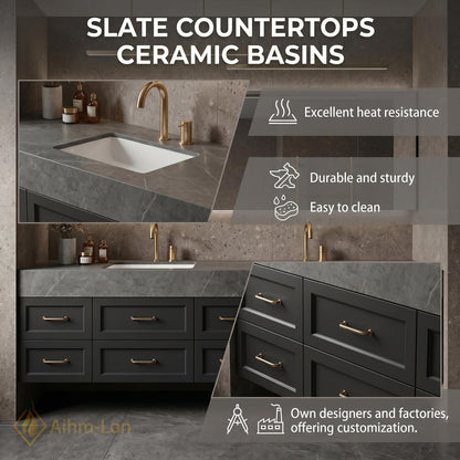 60''-96'' Double Bathroom Vanity with Sink Matte Charcoal Finish Stone Top