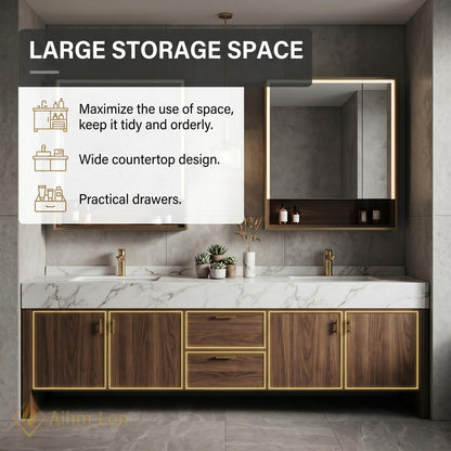 60''-96'' Double Bathroom Vanity with Sink Floating Dark Walnut Rich Grain Storage