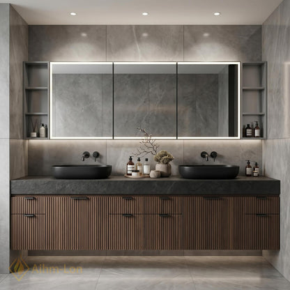 60''-96'' Double Bathroom Vanity with Sink Contemporary Floating Slatted Panels Dark Walnut