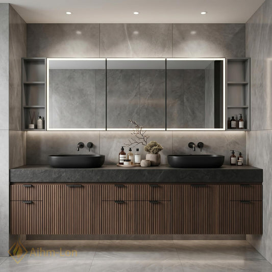 60''-96'' Double Bathroom Vanity with Sink Contemporary Floating Slatted Panels Dark Walnut