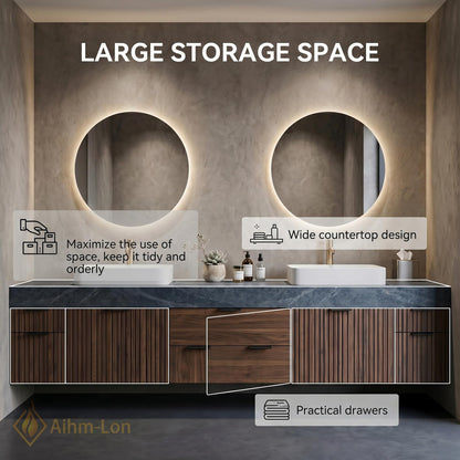 74''-96'' Double Bathroom Vanity with Sink Dark-Walnut Modern Floating Walnut