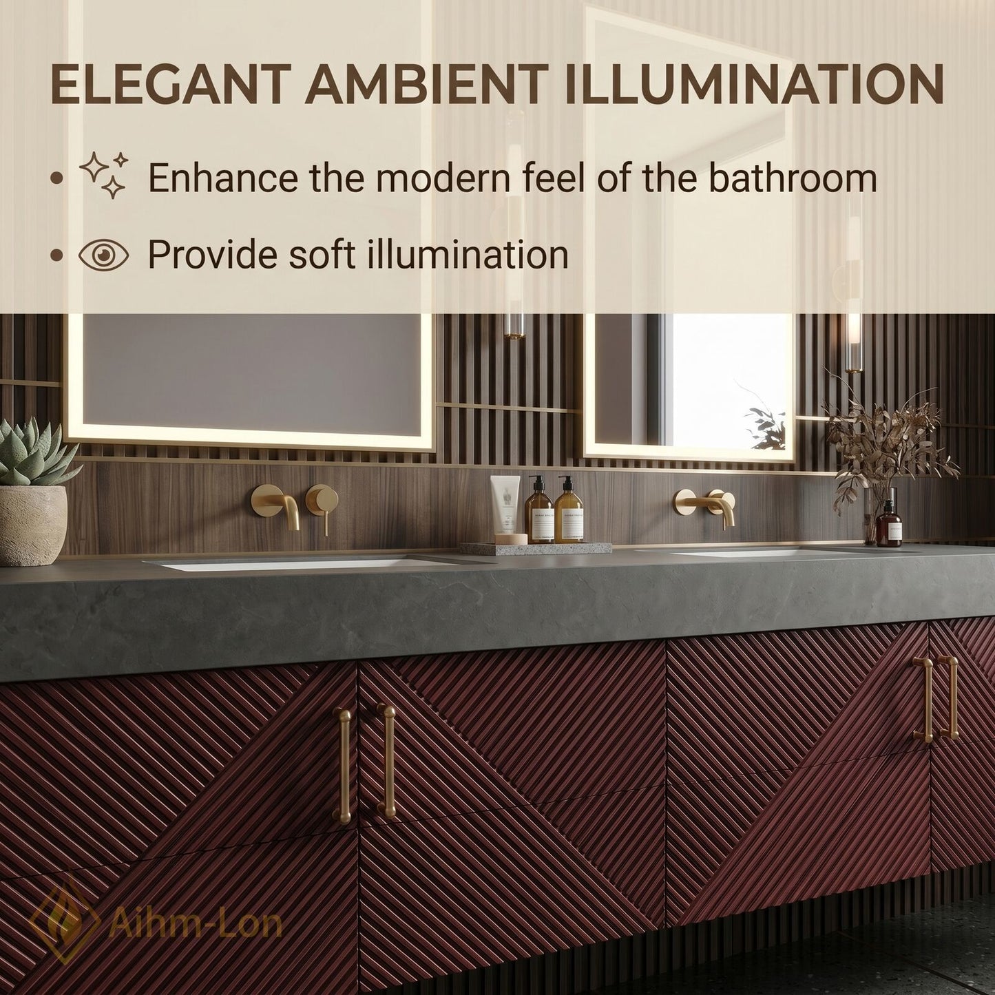 60''-96'' Double Bathroom Vanity with Sink Geometric Ribbed Doors Dark Stone Top