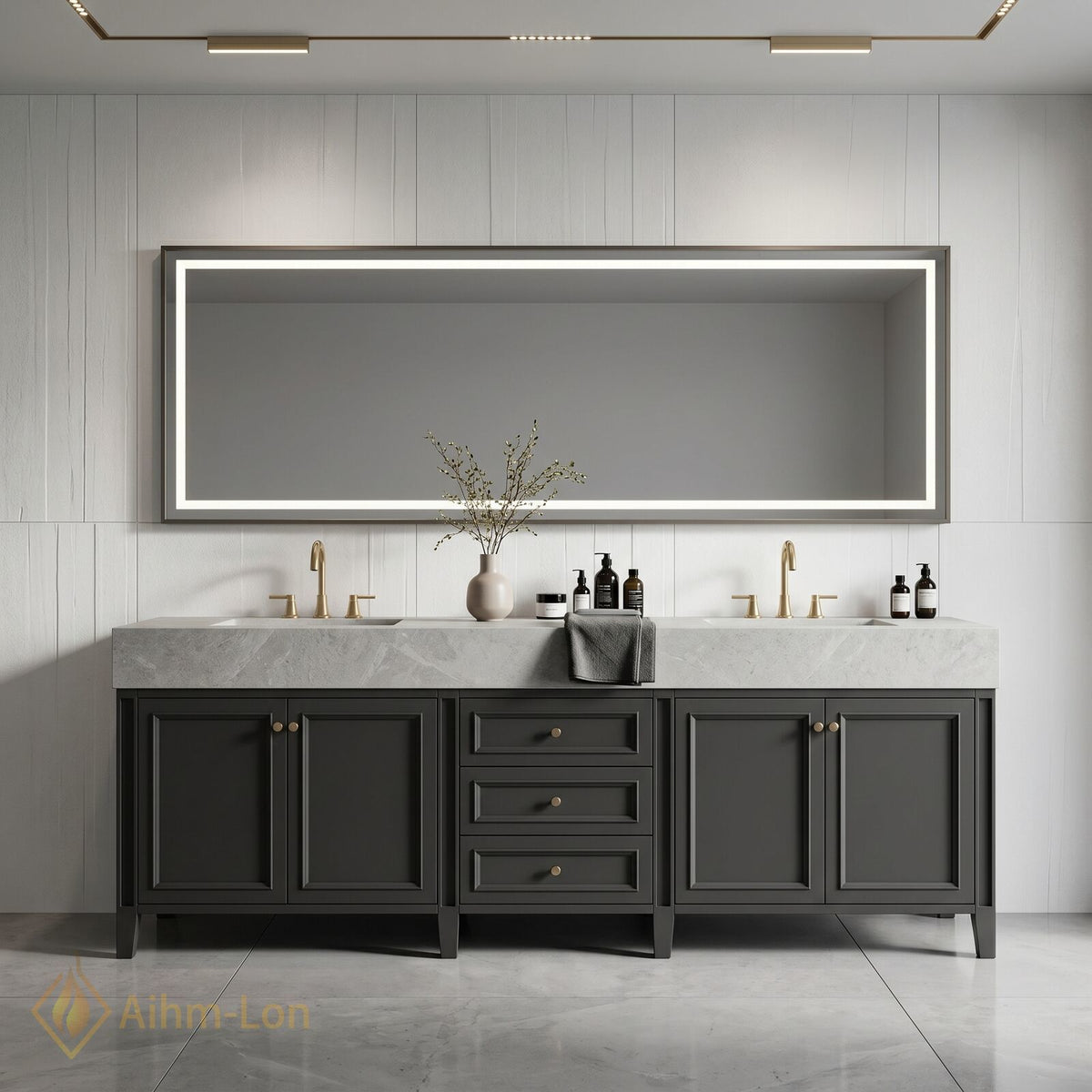80''-96'' Double Bathroom Vanity with Sink Dark Charcoal Stone Patterned Centered Drawers