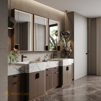 60''-96'' Modern Bathroom Vanity with Sink Floating Espresso Slatted Marble Triple Mirror