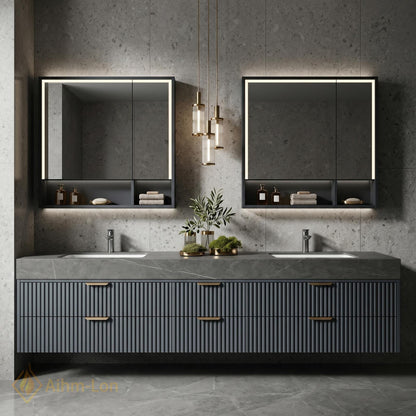 60''-96'' Double Bathroom Vanity with Sink Modern Floating Dark Grey Finish Fluted