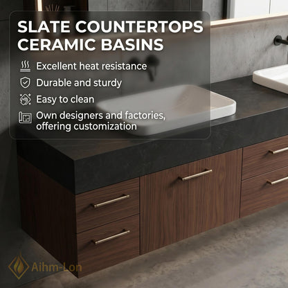 60''-96'' Double Bathroom Vanity with Sink Floating Dark Stone Countertop Wood Grain