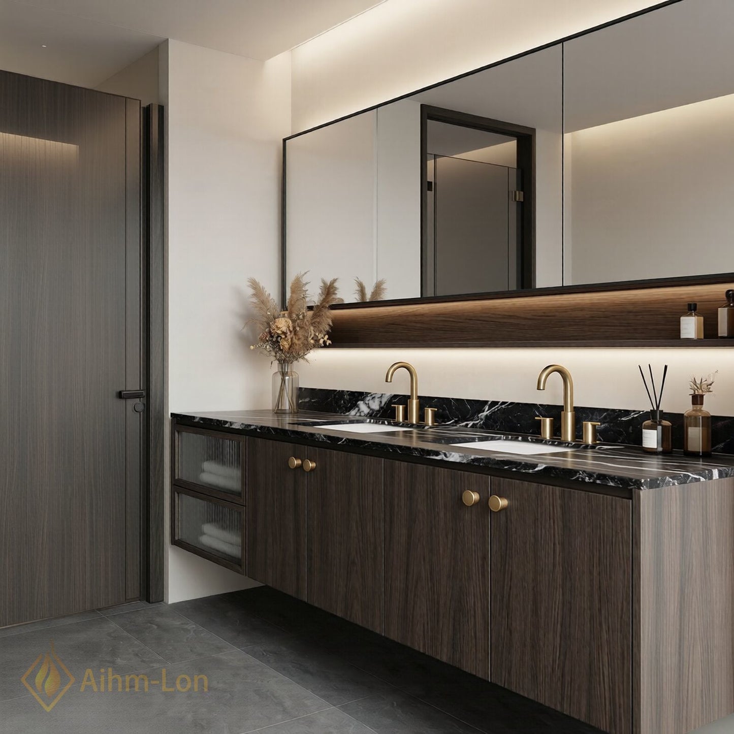 60''-96'' Modern Bathroom Vanity with Sink Double Sink Dark Wood Grained Floating Cabinet