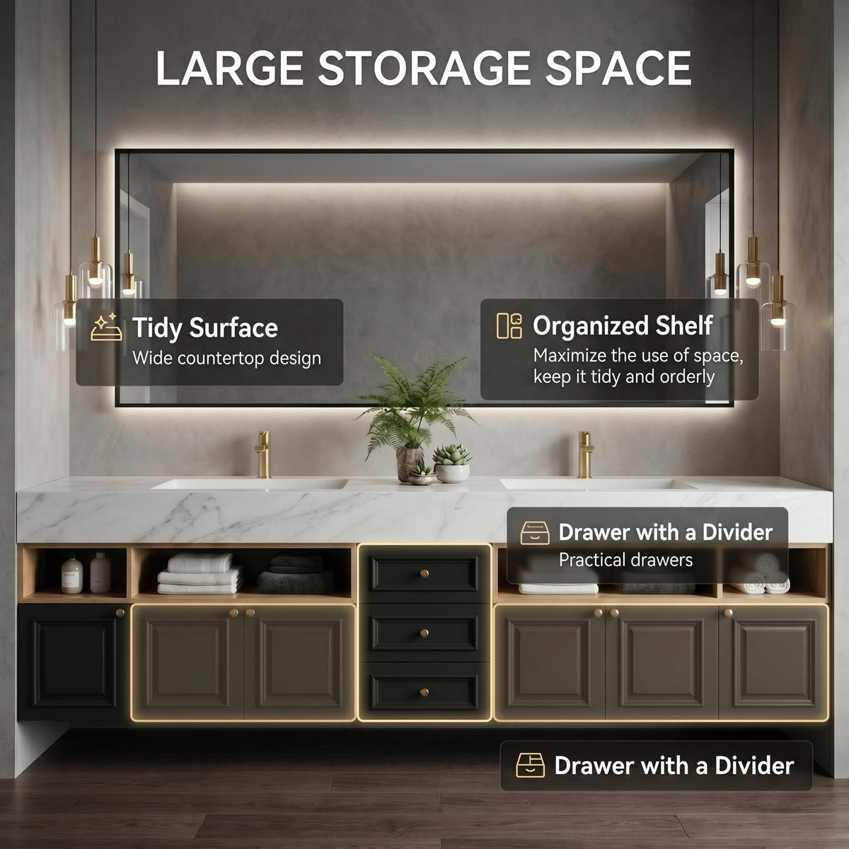 60''-96'' Double Bathroom Vanity with Sink Modern Floating Black Finish Open Wood Shelving