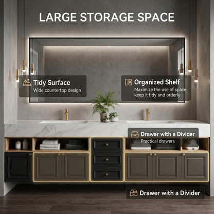 60''-96'' Double Bathroom Vanity with Sink Modern Floating Black Finish Open Wood Shelving