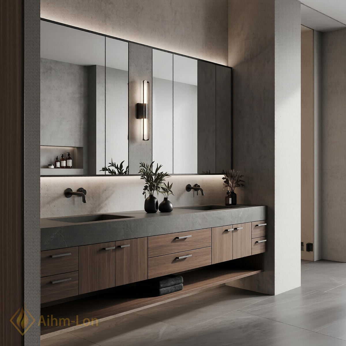 60''-96'' Double Bathroom Vanity with Sink Dark Wood Frameless Mirror Cabinet Storage