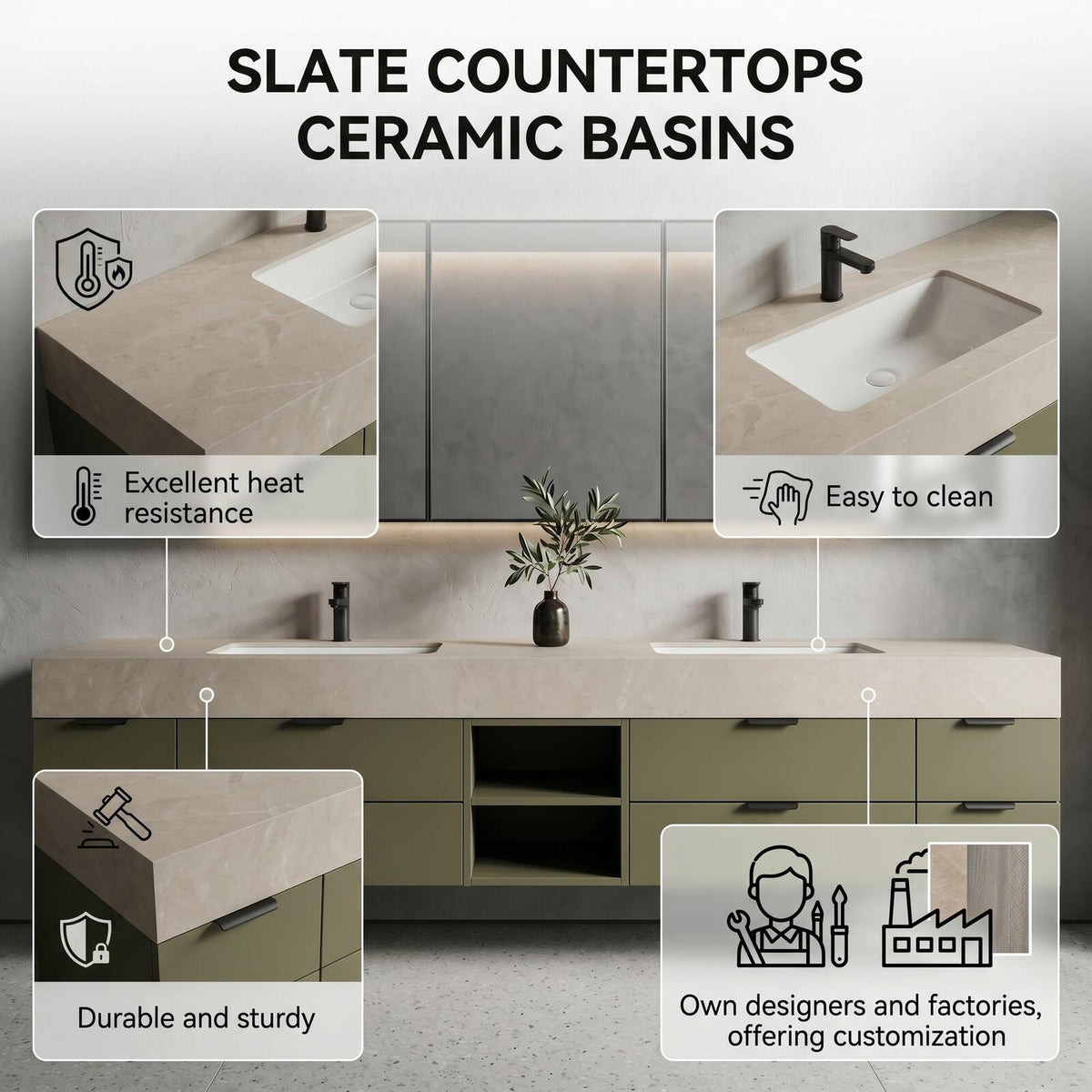 60''-96'' Double Bathroom Vanity with Sink Modern Floating Matte Olive Green Open Shelving