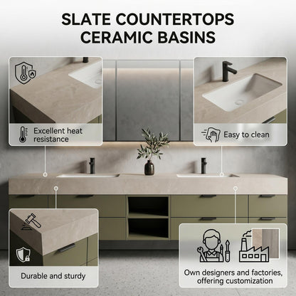 60''-96'' Double Bathroom Vanity with Sink Modern Floating Matte Olive Green Open Shelving