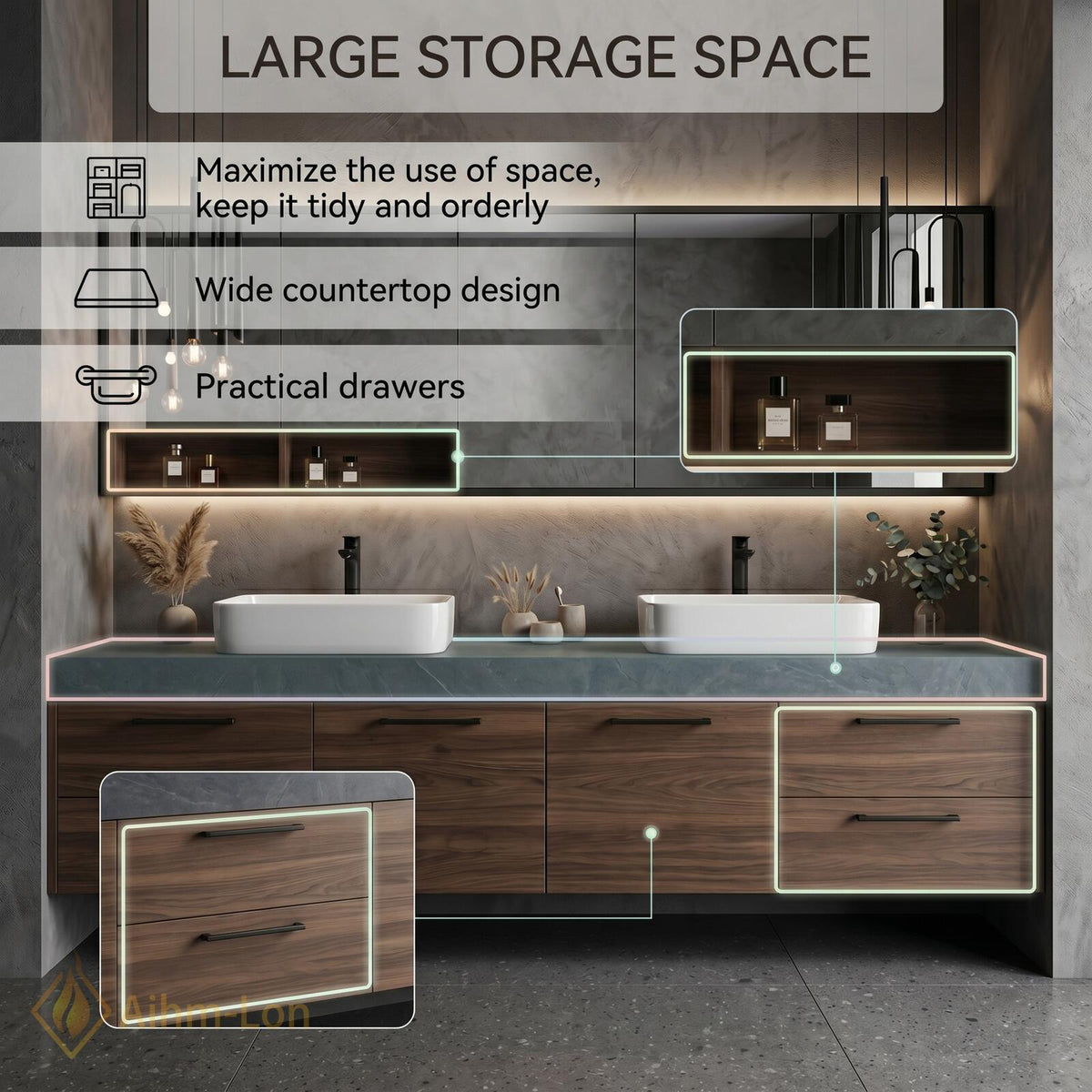 60''-96'' Double Bathroom Vanity with Sink Floating Dark Stone Top Warm Wood