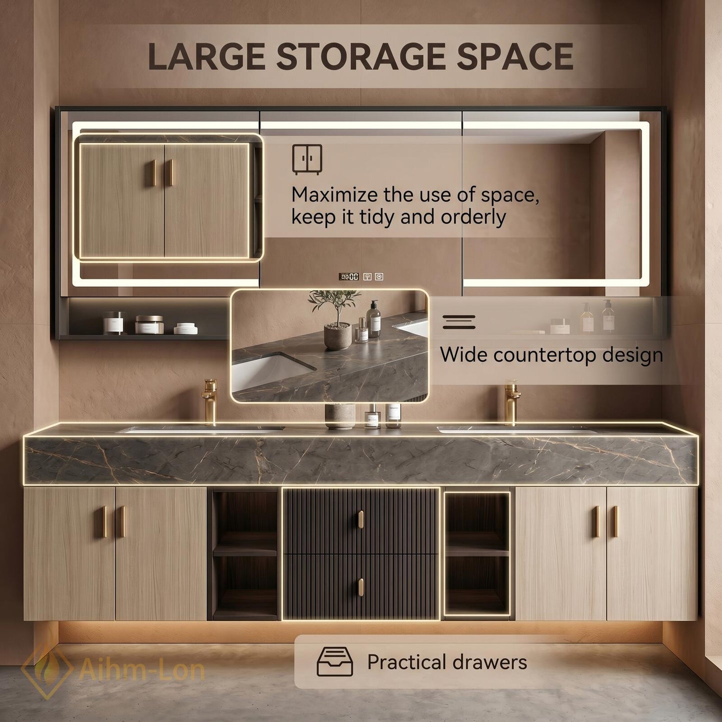 60''-96'' Double Bathroom Vanity with Sink Modern Floating Dark Marble Slatted Panel