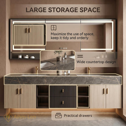 60''-96'' Double Bathroom Vanity with Sink Modern Floating Dark Marble Slatted Panel