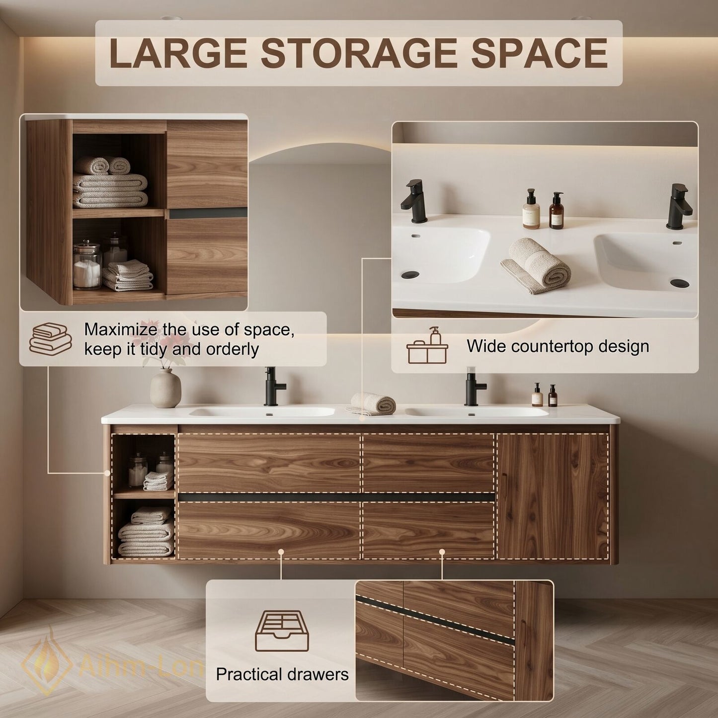70''-96'' Modern Bathroom Vanity with Sink Floating Walnut Marble Open Side Shelves
