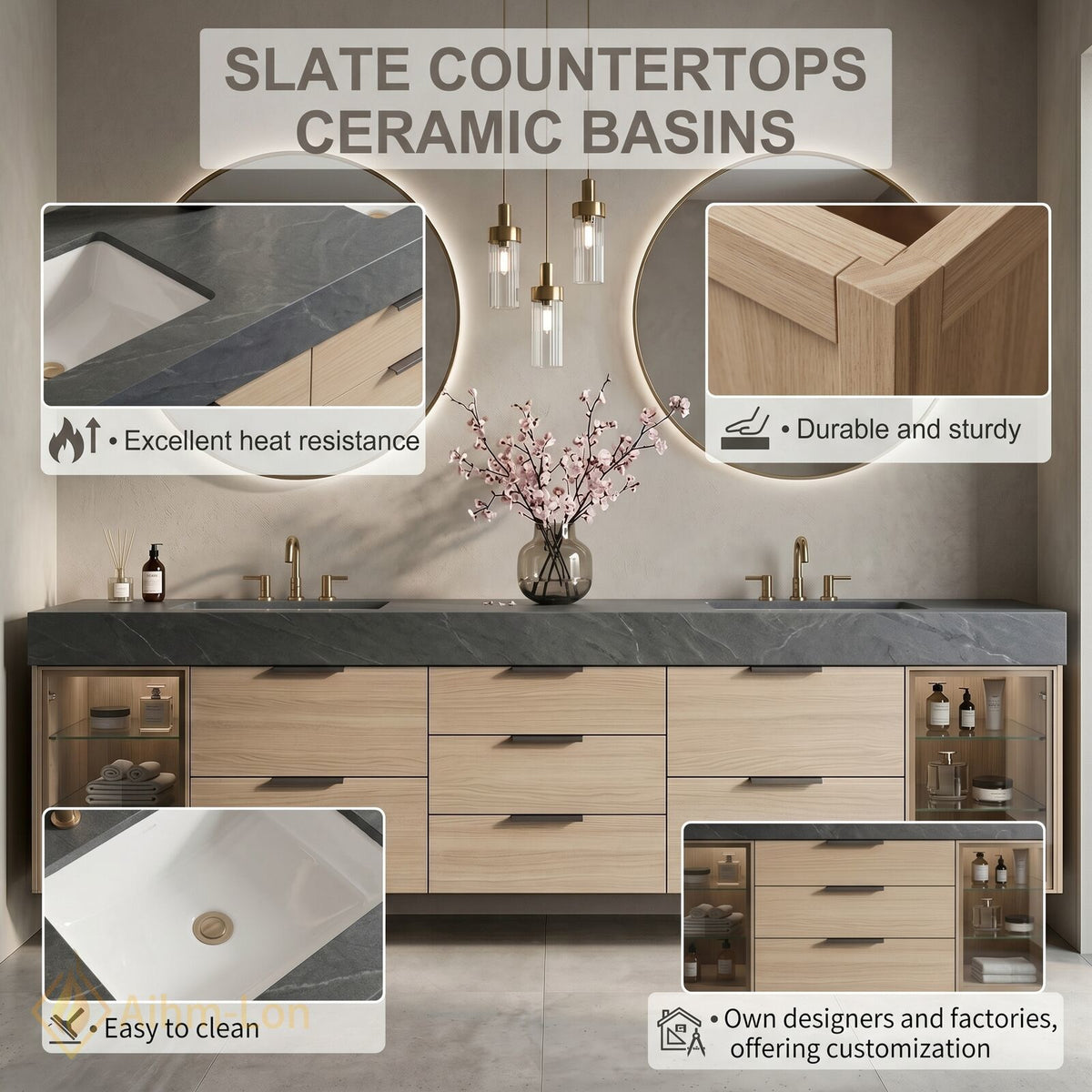 60''-96'' Double Bathroom Vanity with Sink Marble Top Glass Door Cabinets Storage